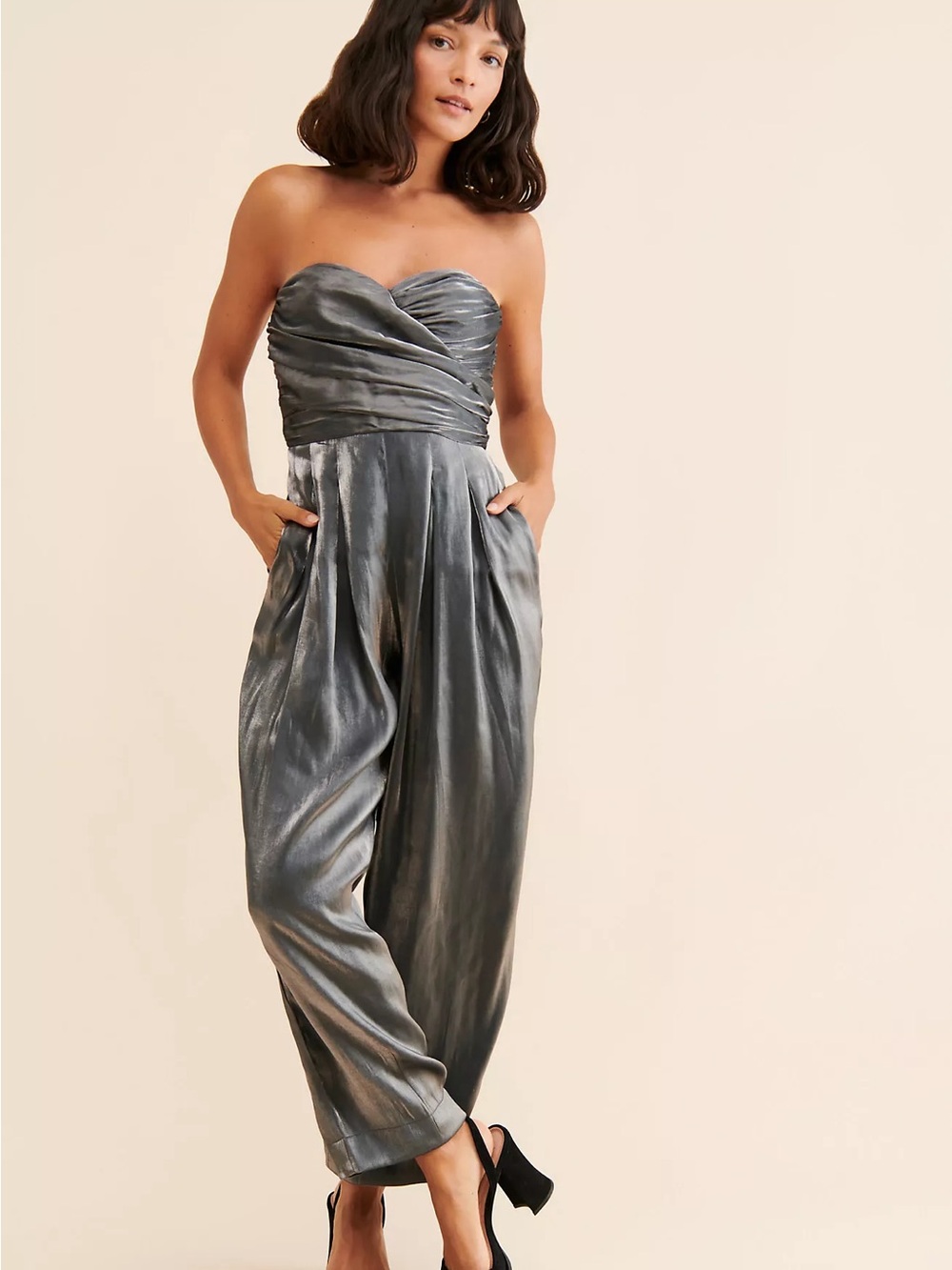 Anthropologie Strapless Shine Shimmer Metallic Gray Jumpsuit Size 2